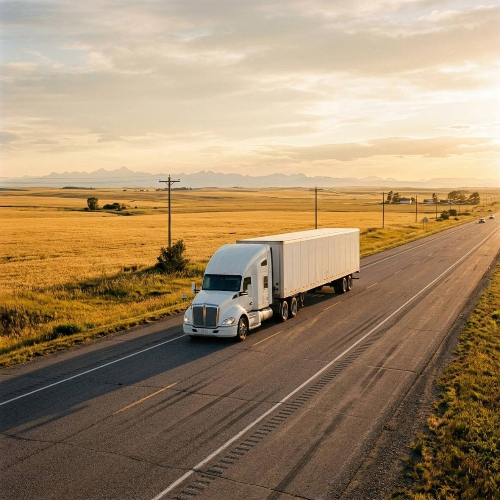 A white semi truck with a dry van trailer on a prairie highway at golden hour, mountains on the horizon.