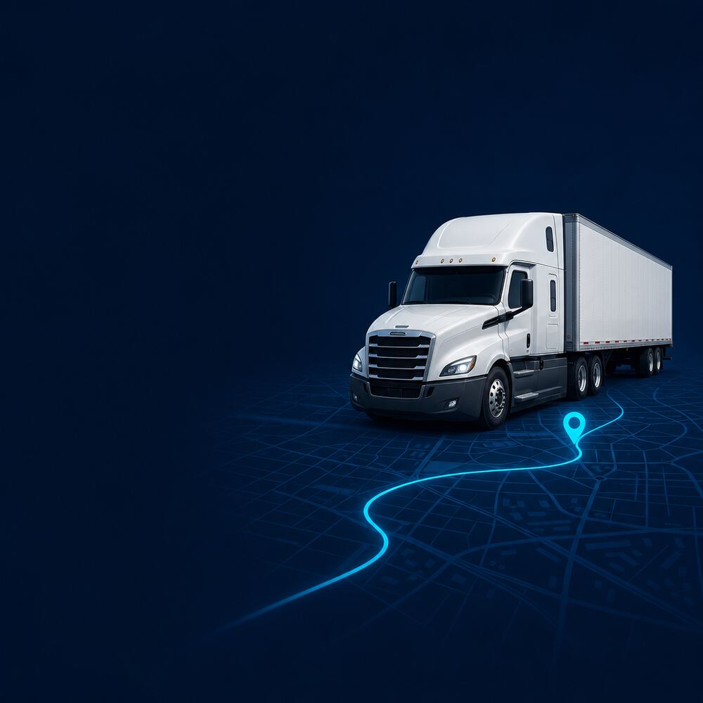 Illustration of a white semi truck on a navy map with a glowing route line ending at a location pin.